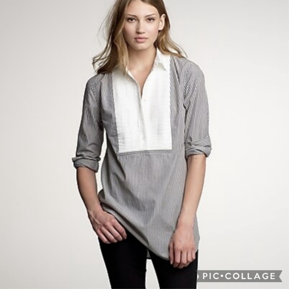 J. Crew Tuxedo Shirt Women’s Small Navy Striped Front Pleated Top Preppy Office